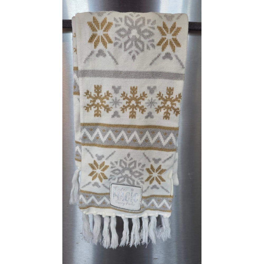 Disney Women OS Scarf White Gold Silver Winter Magic Snowflake Fair Isle Fringe
